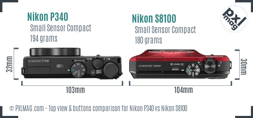 Nikon P340 vs Nikon S8100 top view buttons comparison