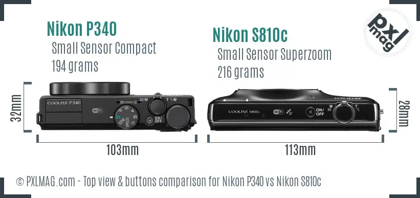 Nikon P340 vs Nikon S810c top view buttons comparison Nikon P340 vs Nikon S810c top view buttons comparison