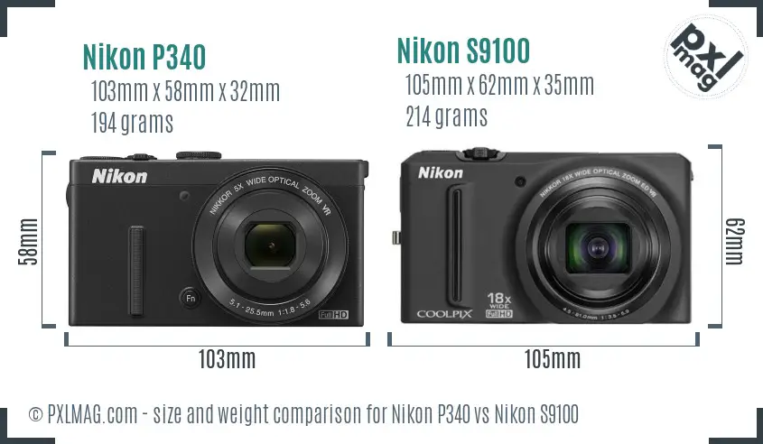 Nikon P340 vs Nikon S9100 size comparison