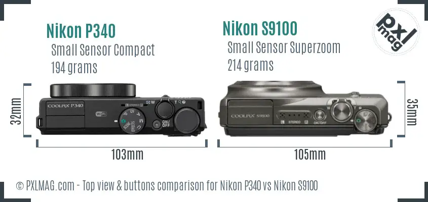 Nikon P340 vs Nikon S9100 top view buttons comparison