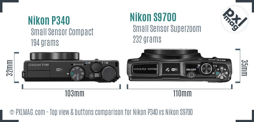 Nikon P340 vs Nikon S9700 top view buttons comparison