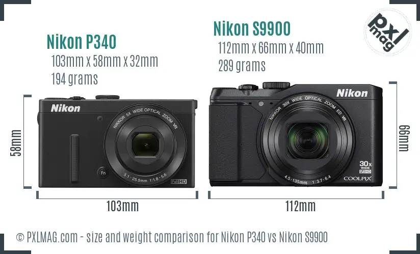 Nikon P340 vs Nikon S9900 size comparison