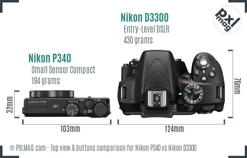 Nikon P340 vs Nikon D3300 top view buttons comparison Nikon P340 vs Nikon D3300 top view buttons comparison
