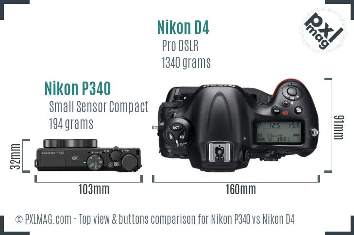 Nikon P340 vs Nikon D4 top view buttons comparison Nikon P340 vs Nikon D4 top view buttons comparison