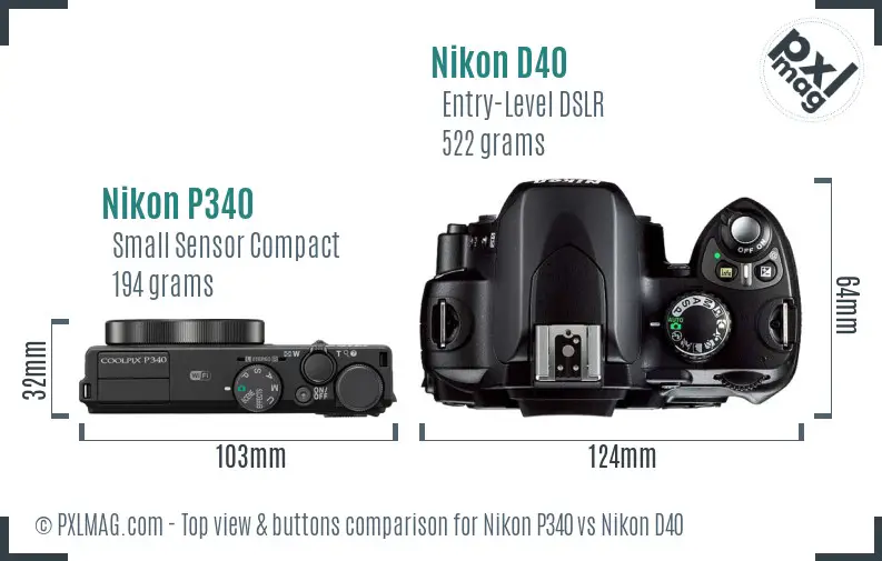 Nikon P340 vs Nikon D40 top view buttons comparison Nikon P340 vs Nikon D40 top view buttons comparison