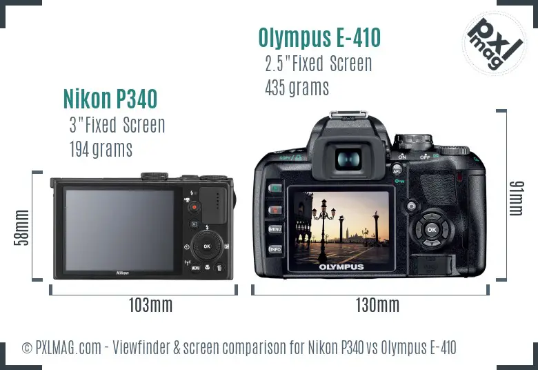 Nikon P340 vs Olympus E-410 Screen and Viewfinder comparison