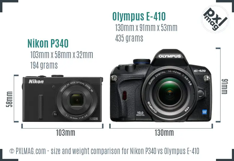 Nikon P340 vs Olympus E-410 size comparison