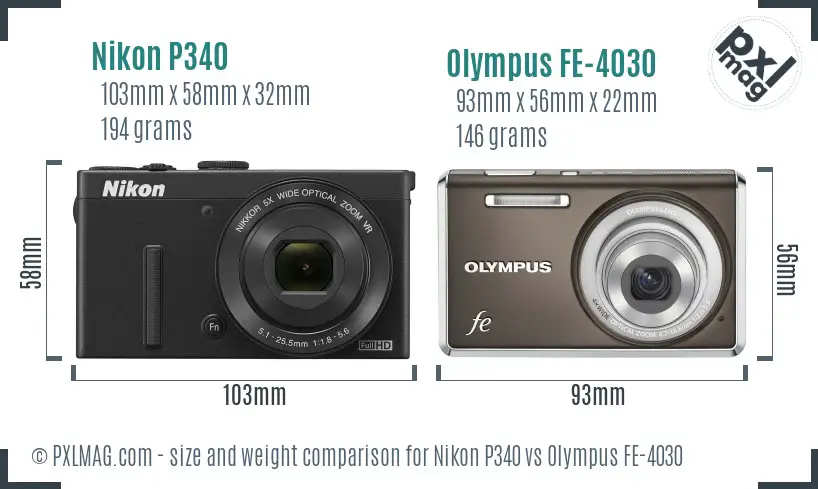 Nikon P340 vs Olympus FE-4030 size comparison