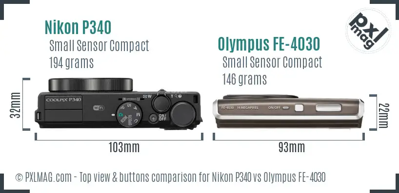 Nikon P340 vs Olympus FE-4030 top view buttons comparison