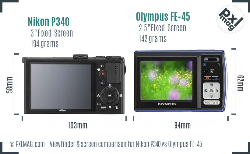 Nikon P340 vs Olympus FE-45 Screen and Viewfinder comparison