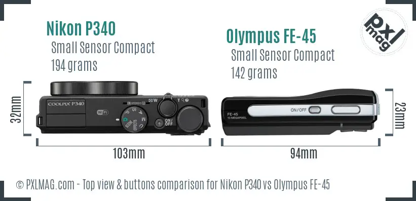Nikon P340 vs Olympus FE-45 top view buttons comparison