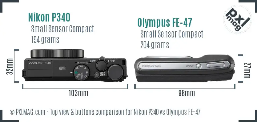 Nikon P340 vs Olympus FE-47 top view buttons comparison Nikon P340 vs Olympus FE-47 top view buttons comparison