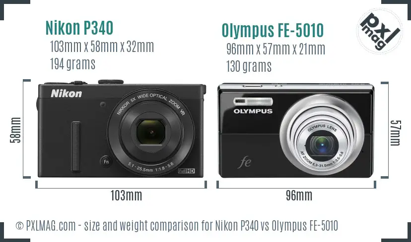 Nikon P340 vs Olympus FE-5010 size comparison