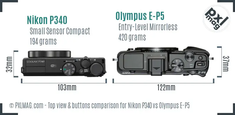 Nikon P340 vs Olympus E-P5 top view buttons comparison Nikon P340 vs Olympus E-P5 top view buttons comparison