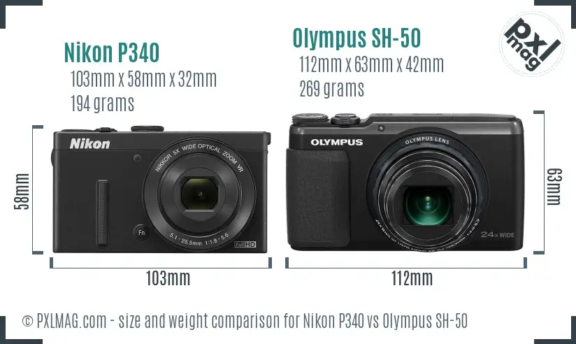 Nikon P340 vs Olympus SH-50 size comparison