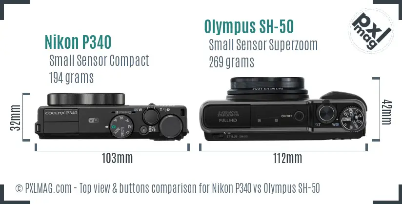 Nikon P340 vs Olympus SH-50 top view buttons comparison