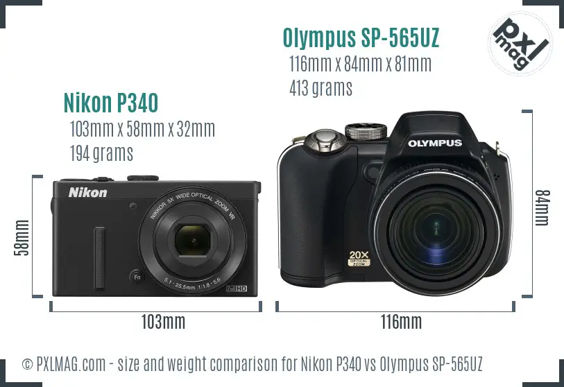 Nikon P340 vs Olympus SP-565UZ size comparison