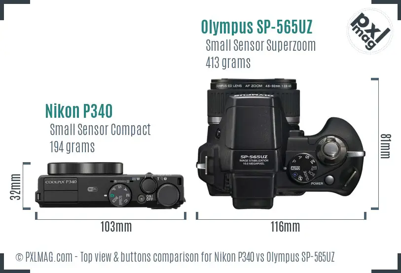 Nikon P340 vs Olympus SP-565UZ top view buttons comparison