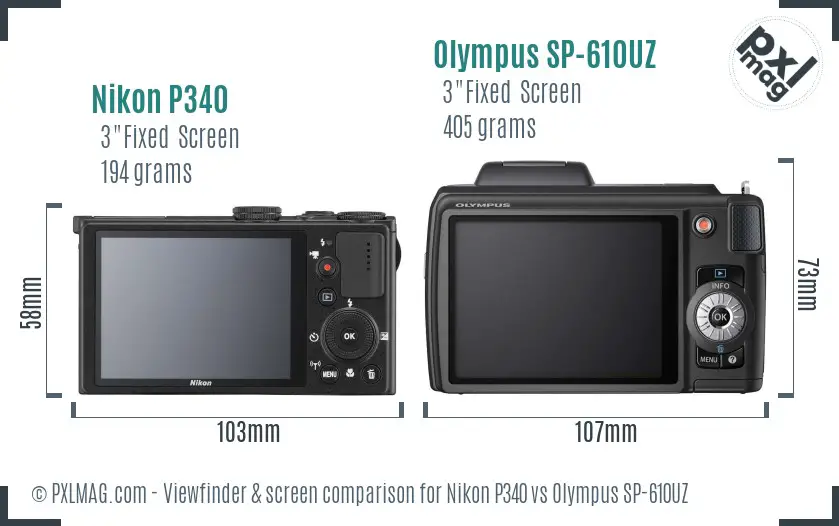 Nikon P340 vs Olympus SP-610UZ Screen and Viewfinder comparison