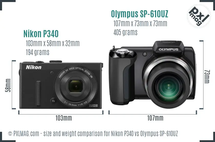 Nikon P340 vs Olympus SP-610UZ size comparison