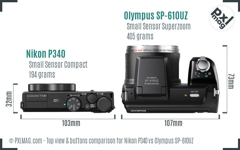 Nikon P340 vs Olympus SP-610UZ top view buttons comparison