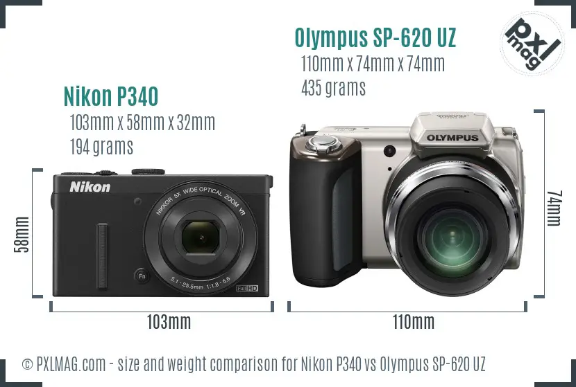 Nikon P340 vs Olympus SP-620 UZ size comparison Nikon P340 vs Olympus SP-620 UZ size comparison
