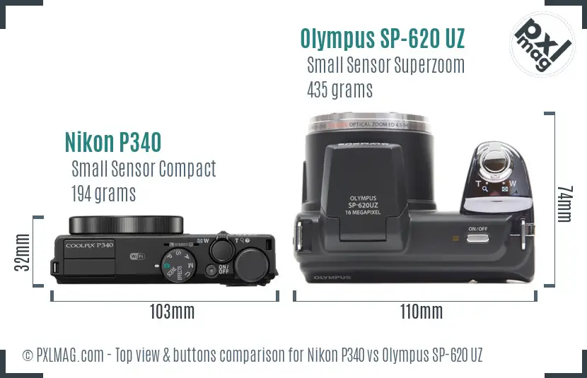 Nikon P340 vs Olympus SP-620 UZ top view buttons comparison Nikon P340 vs Olympus SP-620 UZ top view buttons comparison