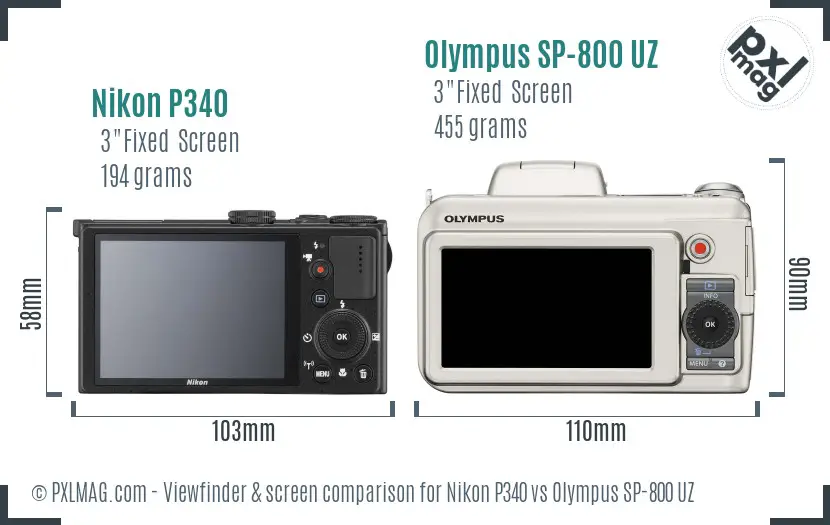 Nikon P340 vs Olympus SP-800 UZ Screen and Viewfinder comparison