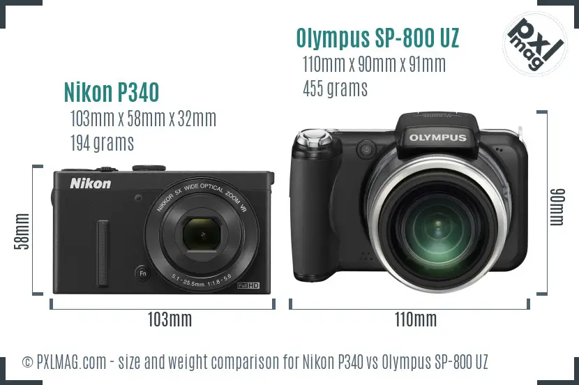 Nikon P340 vs Olympus SP-800 UZ size comparison