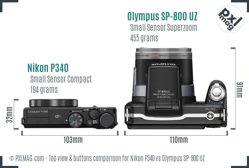 Nikon P340 vs Olympus SP-800 UZ top view buttons comparison