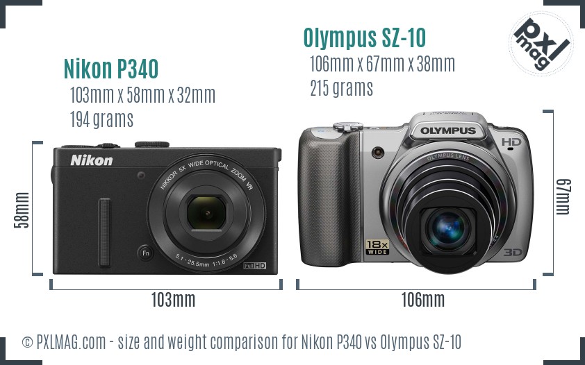 Nikon P340 vs Olympus SZ-10 size comparison