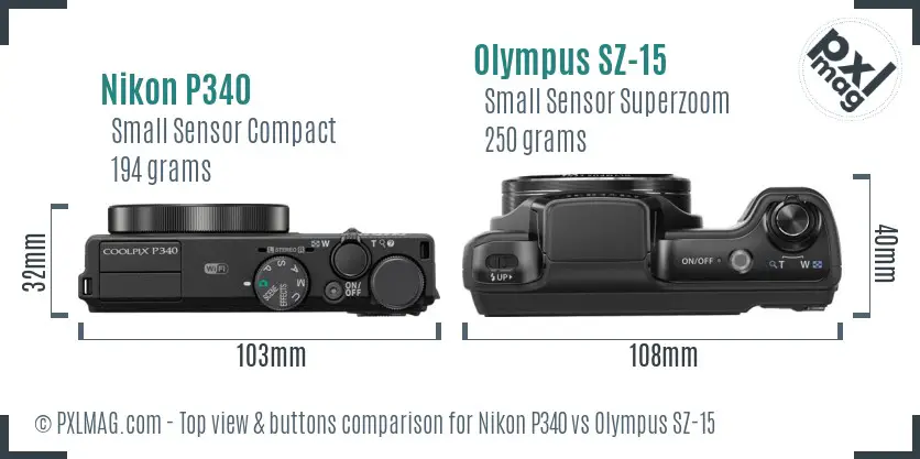 Nikon P340 vs Olympus SZ-15 top view buttons comparison