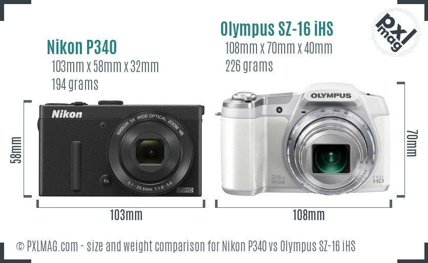 Nikon P340 vs Olympus SZ-16 iHS size comparison Nikon P340 vs Olympus SZ-16 iHS size comparison