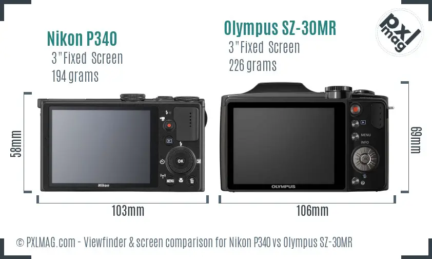 Nikon P340 vs Olympus SZ-30MR Screen and Viewfinder comparison