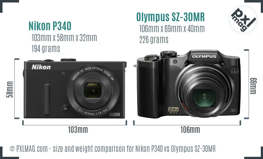 Nikon P340 vs Olympus SZ-30MR size comparison