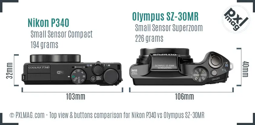 Nikon P340 vs Olympus SZ-30MR top view buttons comparison