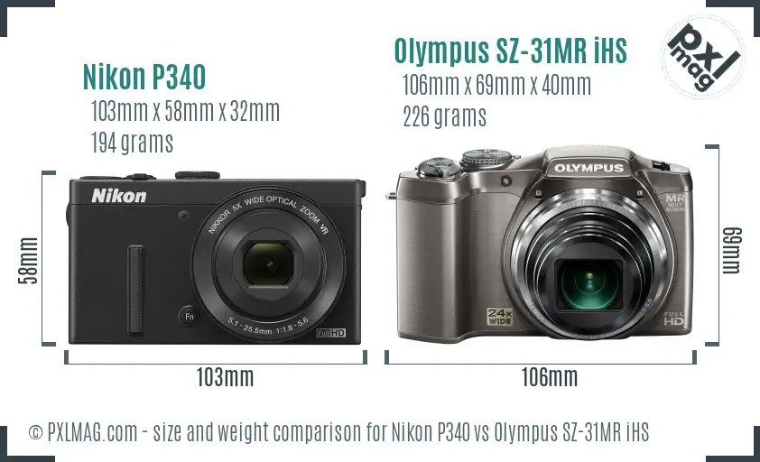 Nikon P340 vs Olympus SZ-31MR iHS size comparison