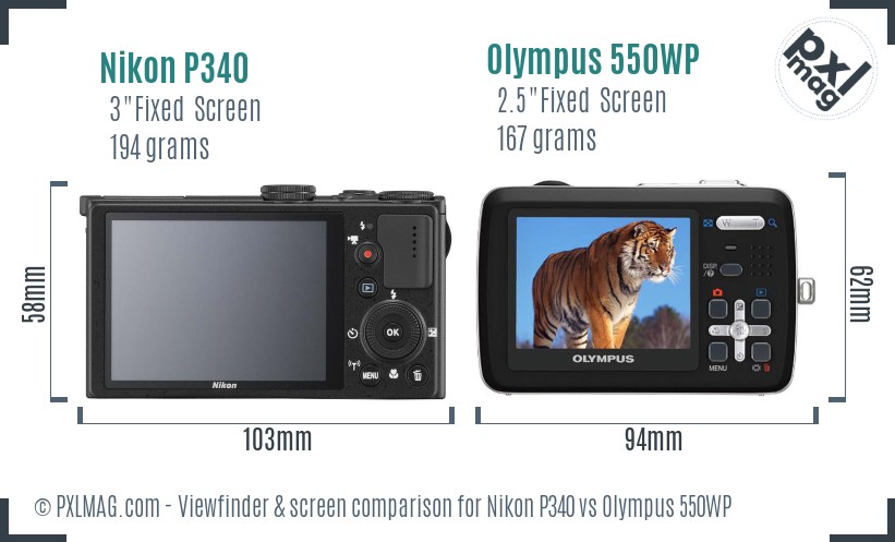 Nikon P340 vs Olympus 550WP Screen and Viewfinder comparison