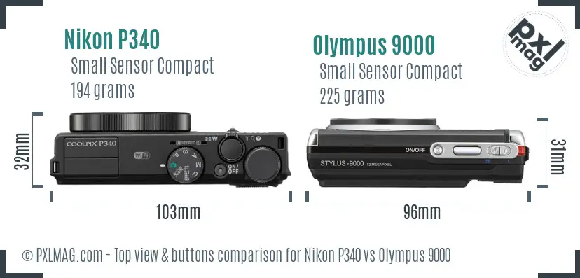 Nikon P340 vs Olympus 9000 top view buttons comparison Nikon P340 vs Olympus 9000 top view buttons comparison