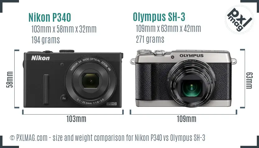 Nikon P340 vs Olympus SH-3 size comparison
