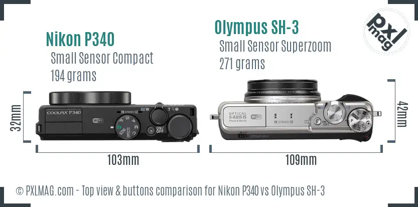Nikon P340 vs Olympus SH-3 top view buttons comparison