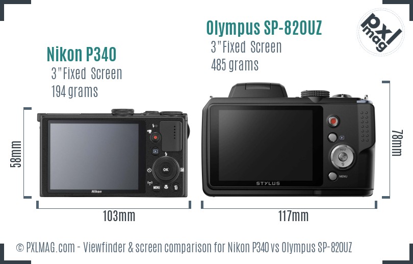 Nikon P340 vs Olympus SP-820UZ Screen and Viewfinder comparison