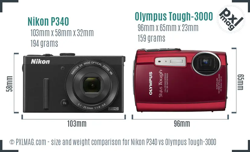 Nikon P340 vs Olympus Tough-3000 size comparison Nikon P340 vs Olympus Tough-3000 size comparison
