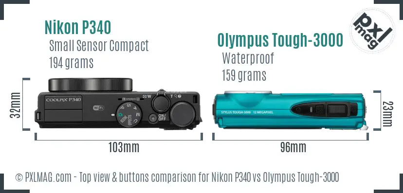 Nikon P340 vs Olympus Tough-3000 top view buttons comparison Nikon P340 vs Olympus Tough-3000 top view buttons comparison