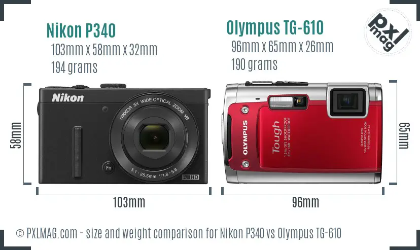 Nikon P340 vs Olympus TG-610 size comparison