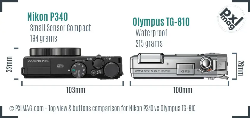 Nikon P340 vs Olympus TG-810 top view buttons comparison Nikon P340 vs Olympus TG-810 top view buttons comparison