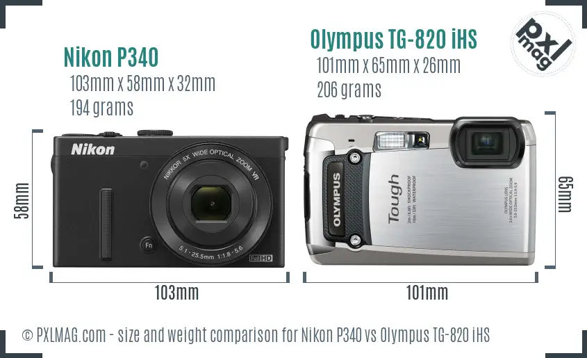 Nikon P340 vs Olympus TG-820 iHS size comparison Nikon P340 vs Olympus TG-820 iHS size comparison