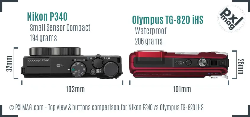 Nikon P340 vs Olympus TG-820 iHS top view buttons comparison