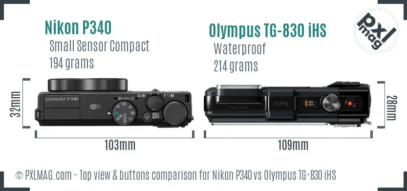 Nikon P340 vs Olympus TG-830 iHS top view buttons comparison
