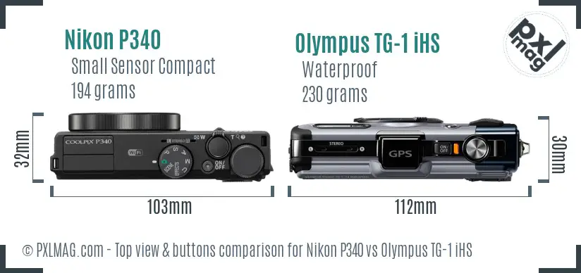 Nikon P340 vs Olympus TG-1 iHS top view buttons comparison Nikon P340 vs Olympus TG-1 iHS top view buttons comparison